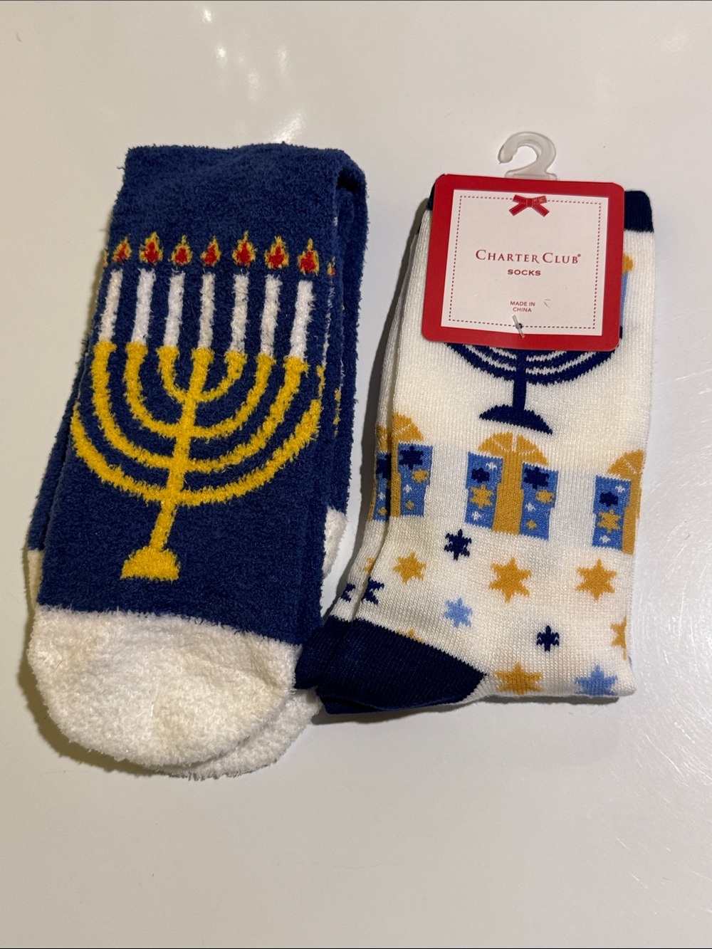 Charter Club Hanukkah Crew Socks - Navy, White & Yellow